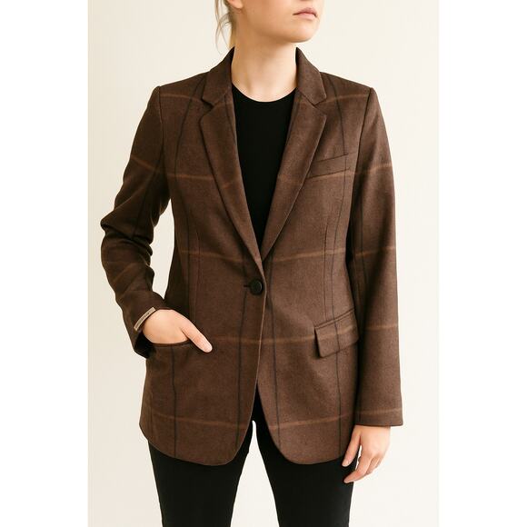 Peserico Made in Italy Brown Plaid Wool-Blend Single-Button Blazer Jacket UNISEX - Picture 1 of 6